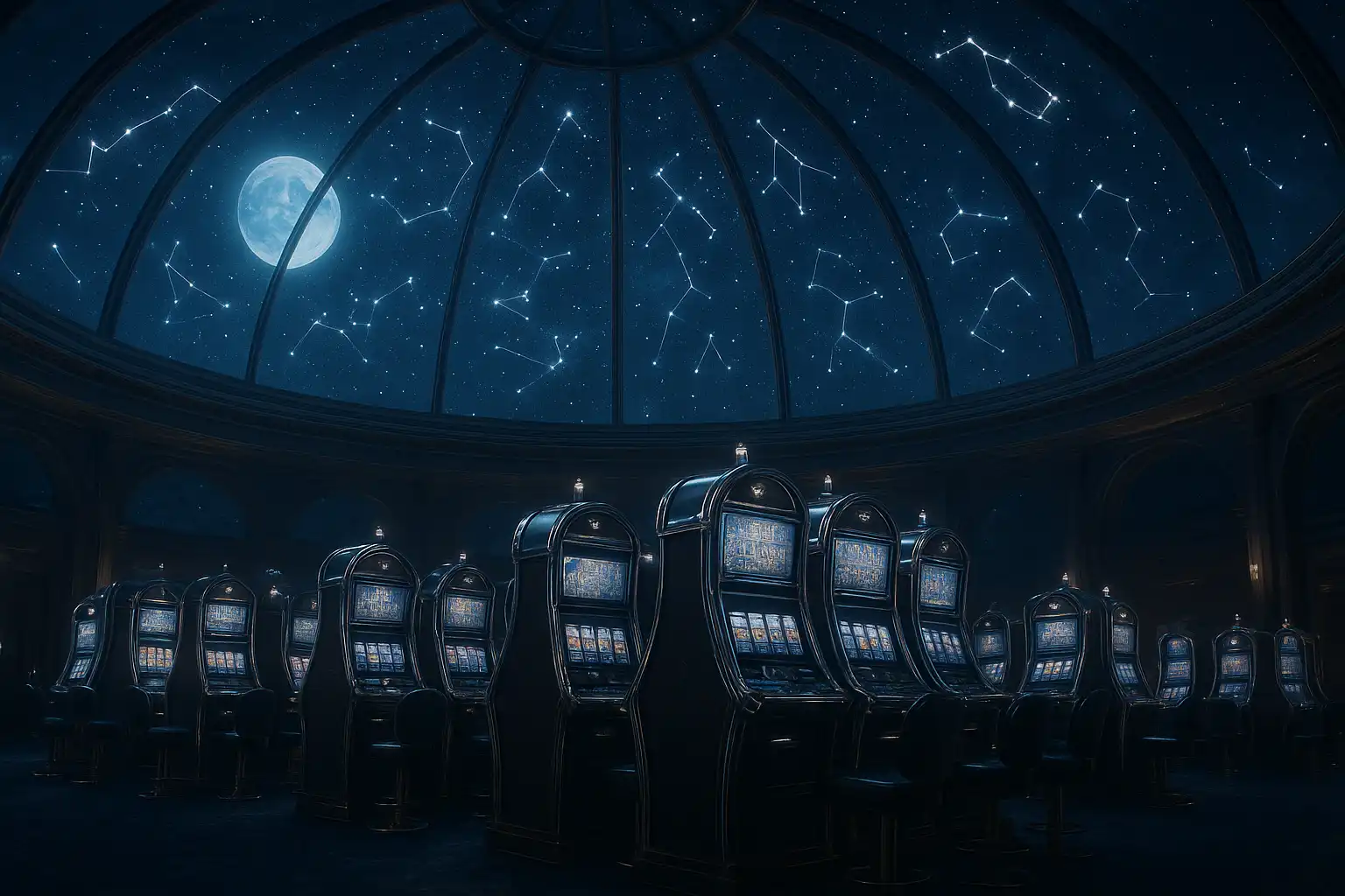 Luxury casino hall under a moonlit observatory dome with glowing constellations