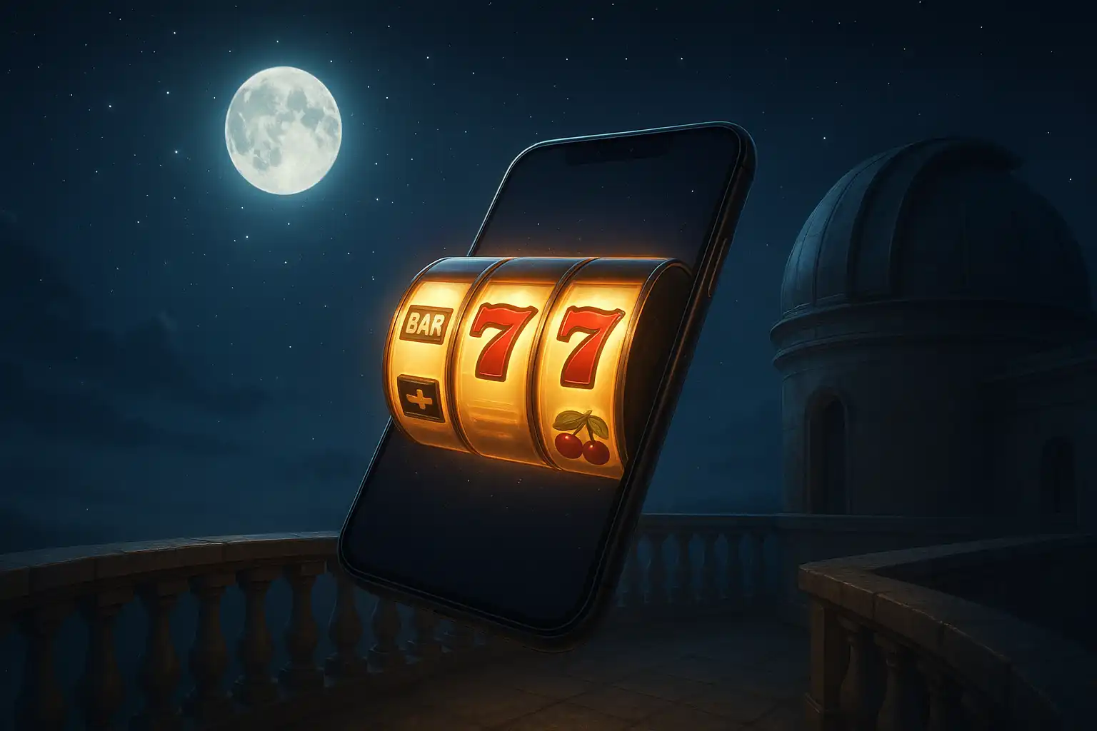 Smartphone displaying glowing casino reels floating above a moonlit observatory balcony with stars