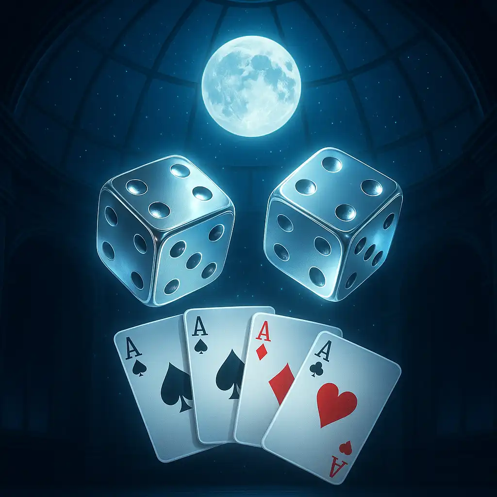 Weekly slots tournament with glowing dice and cards under a lunar dome