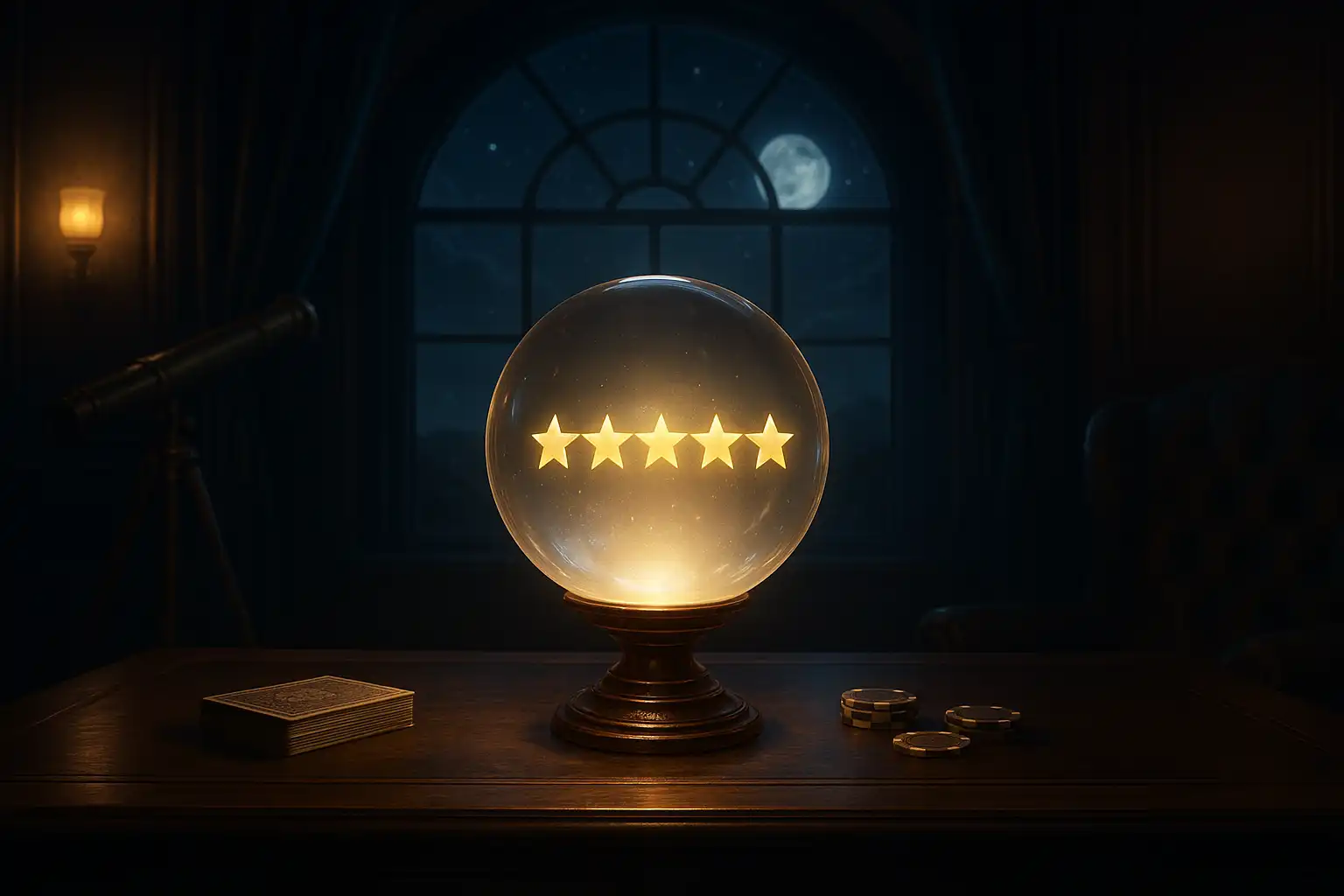 Luxury casino review desk with a glowing crystal ball showing star ratings inside a moonlit observatory