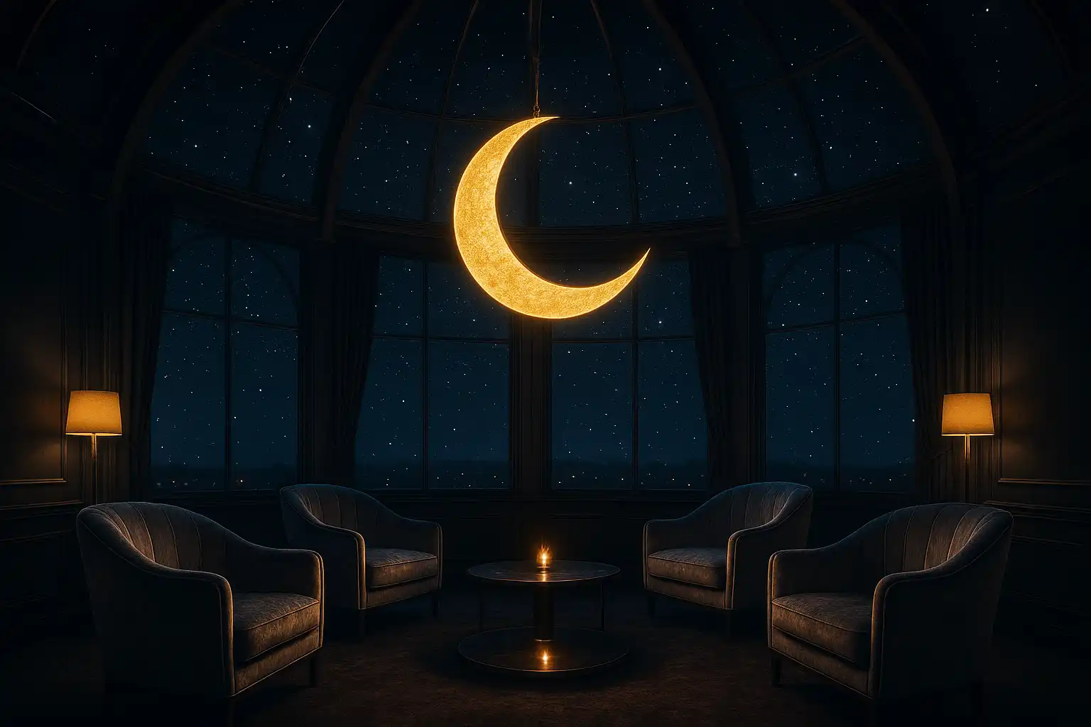 Exclusive VIP lounge inside a celestial observatory with velvet silver chairs and a glowing crescent moon chandelier